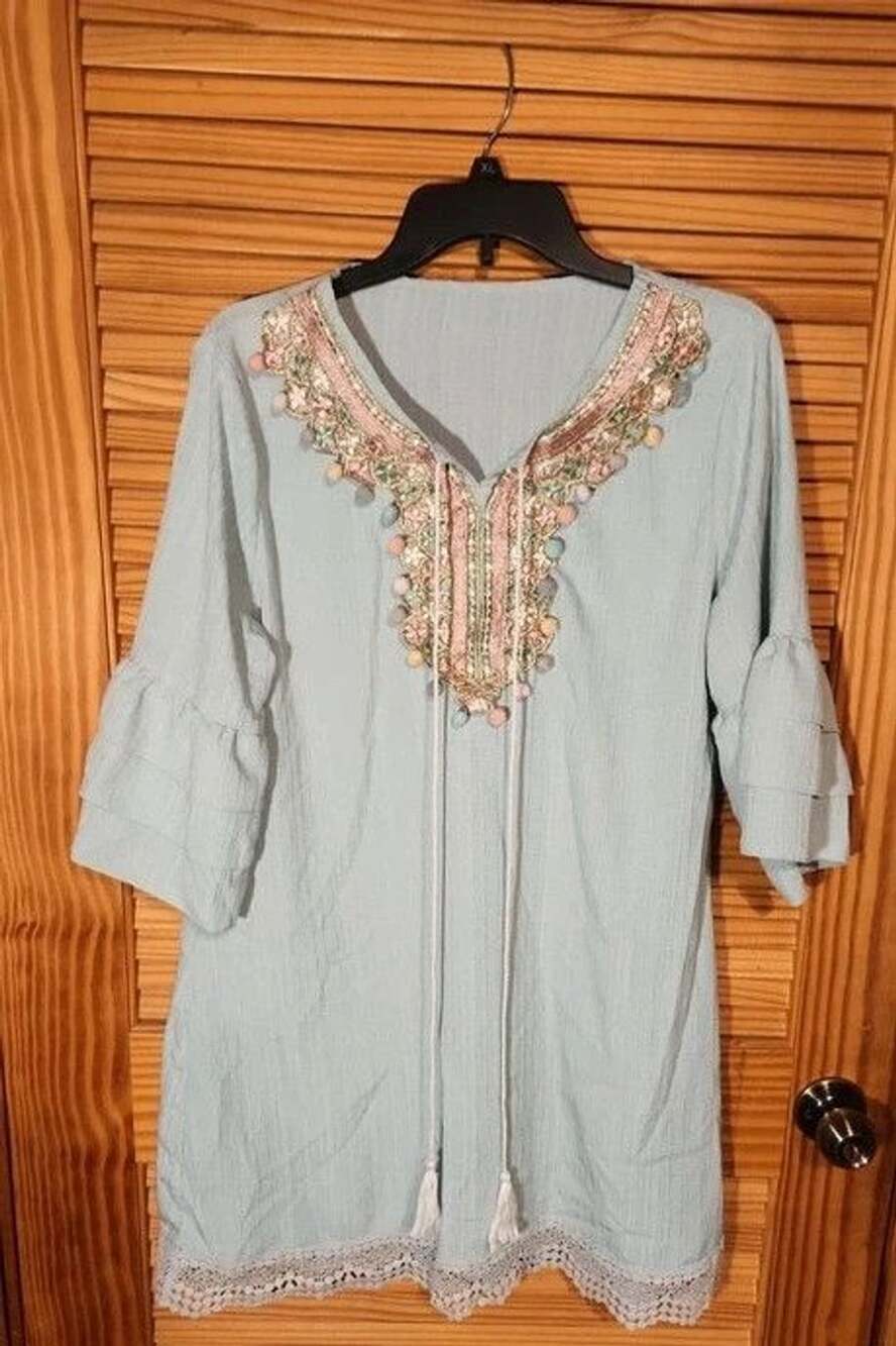 Vintage Desert Oasis Mint Crinkle Cotton-Blend Embroidered Boho Tunic